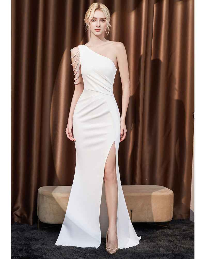 One-Shoulder Short-Sleeve Mid-Waist Formal Maxi Dress