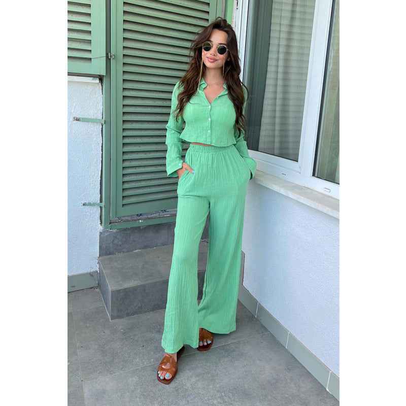 Embossed Short Blouse And High-waisted Wide-leg Elastic-waist Pants Two-piece Set