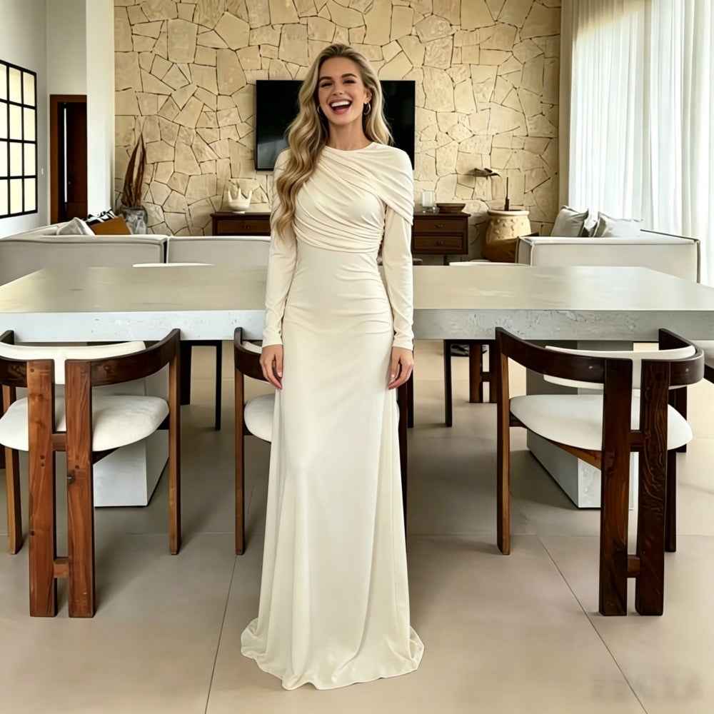 Fashionable Pleated Asymmetric Solid-Color Dress