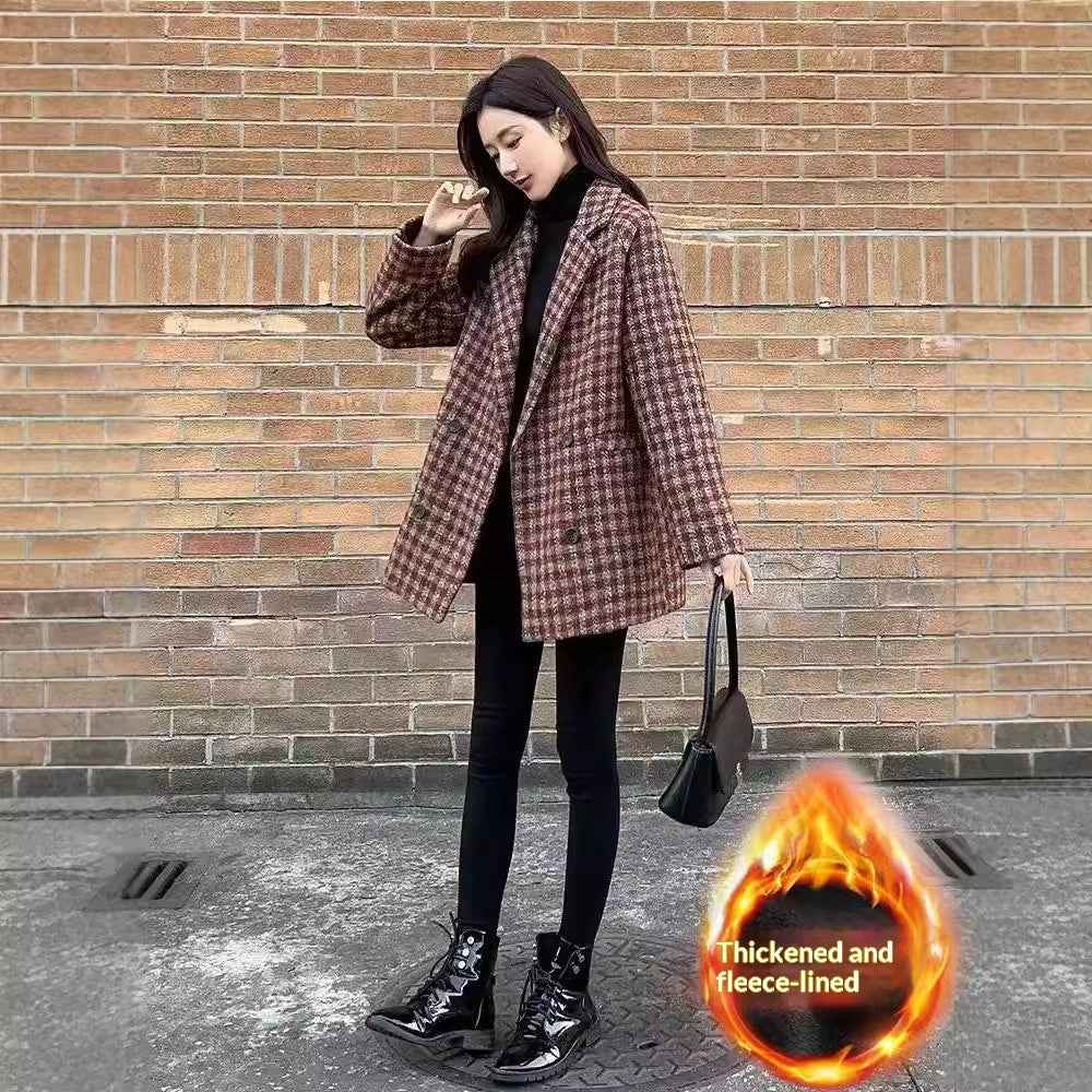Women's Plaid Coat – Elegant Loose Fit with Pockets, S–XXL