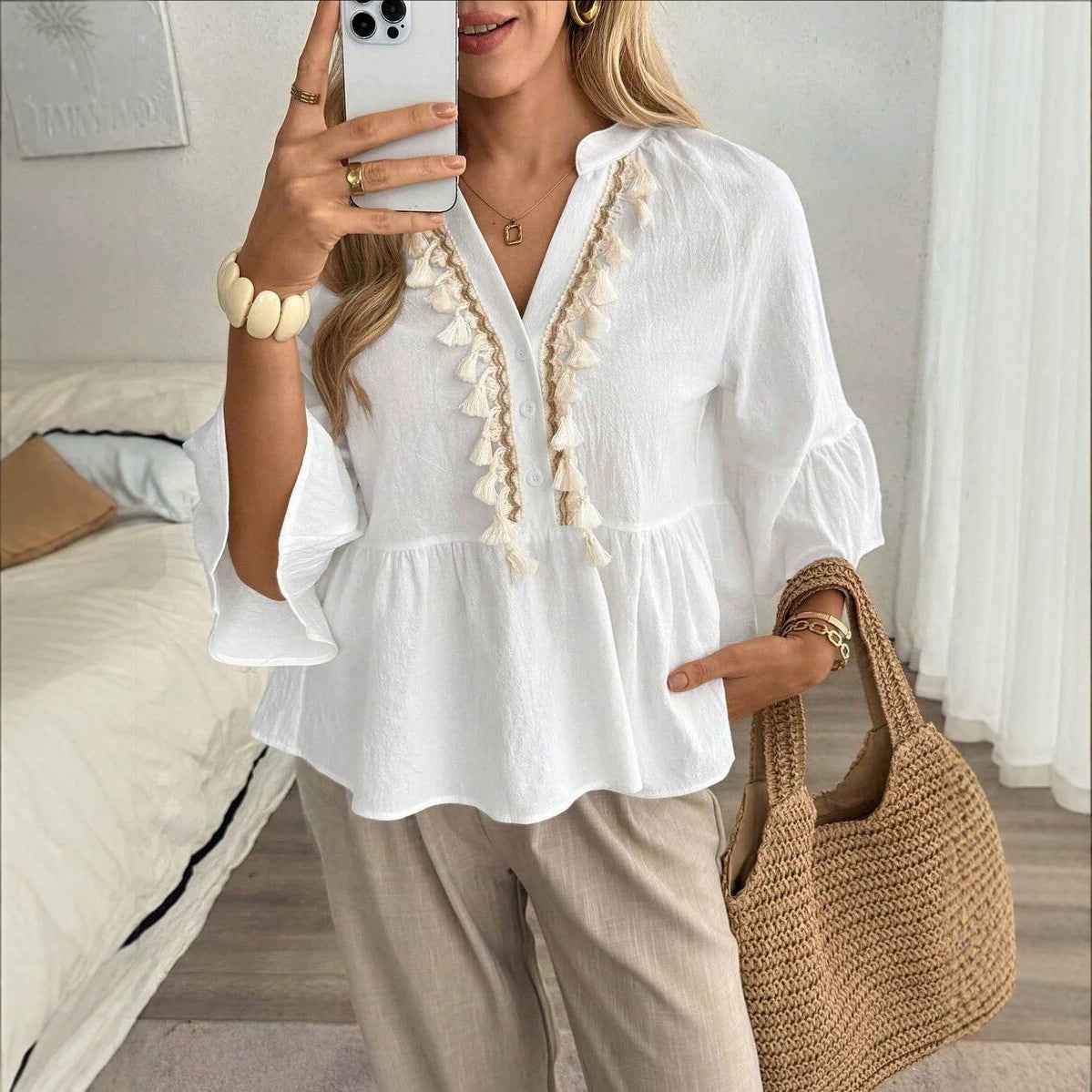 V-Neck Blouse with Button Detail & Tassel Tie – Relaxed Fit