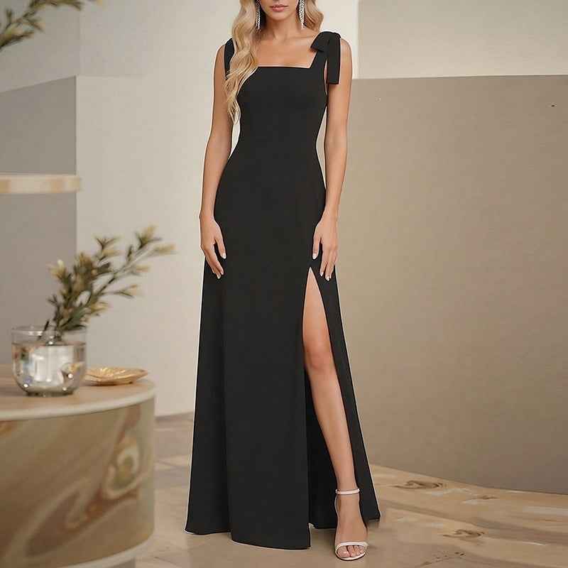 Square Neck Bow Shoulder Slit Maxi Evening Gown