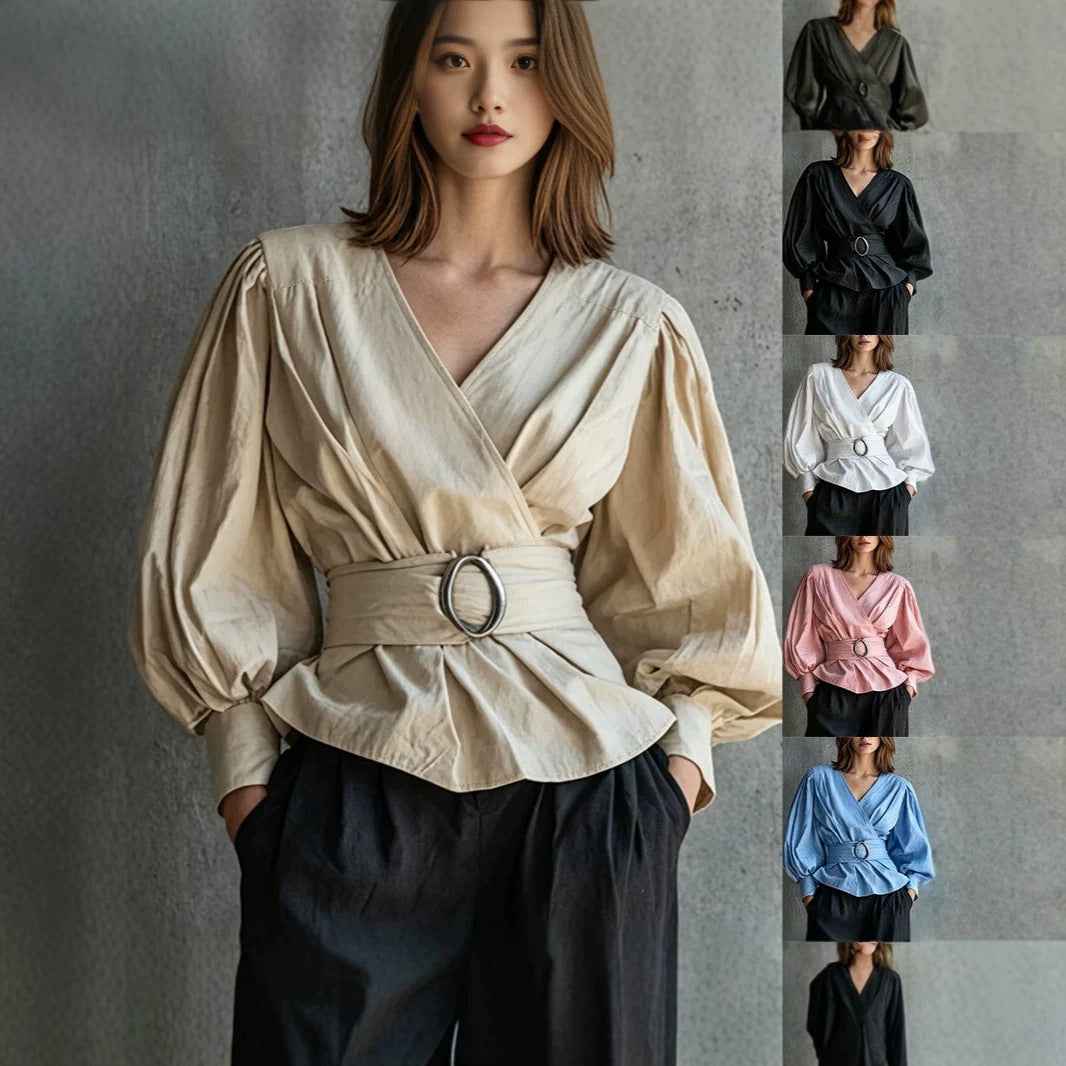 Womens V-neck Blouse With Ruffled Cuffs And Puff Sleeves