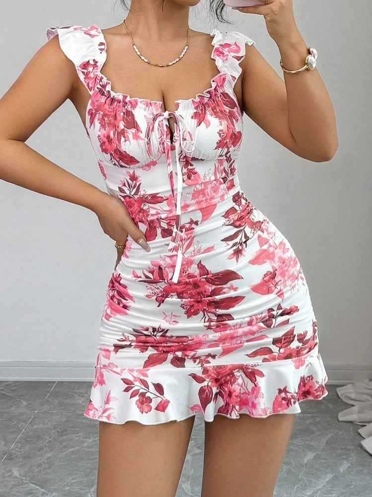 Floral Print Sleeveless Mini Dress – Slim Fit for Women