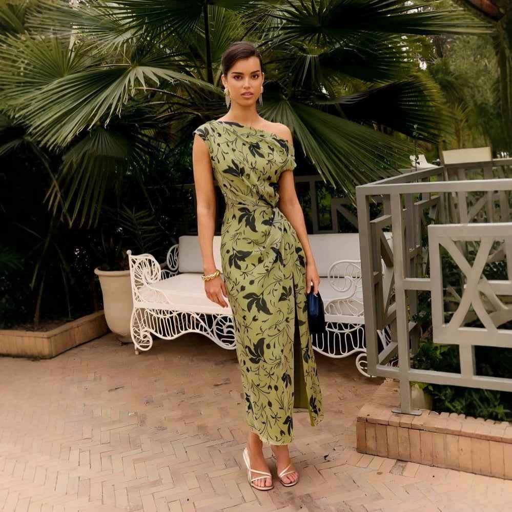 Women's Printed One-Shoulder Sleeveless Elegant Dress — 4 Colours