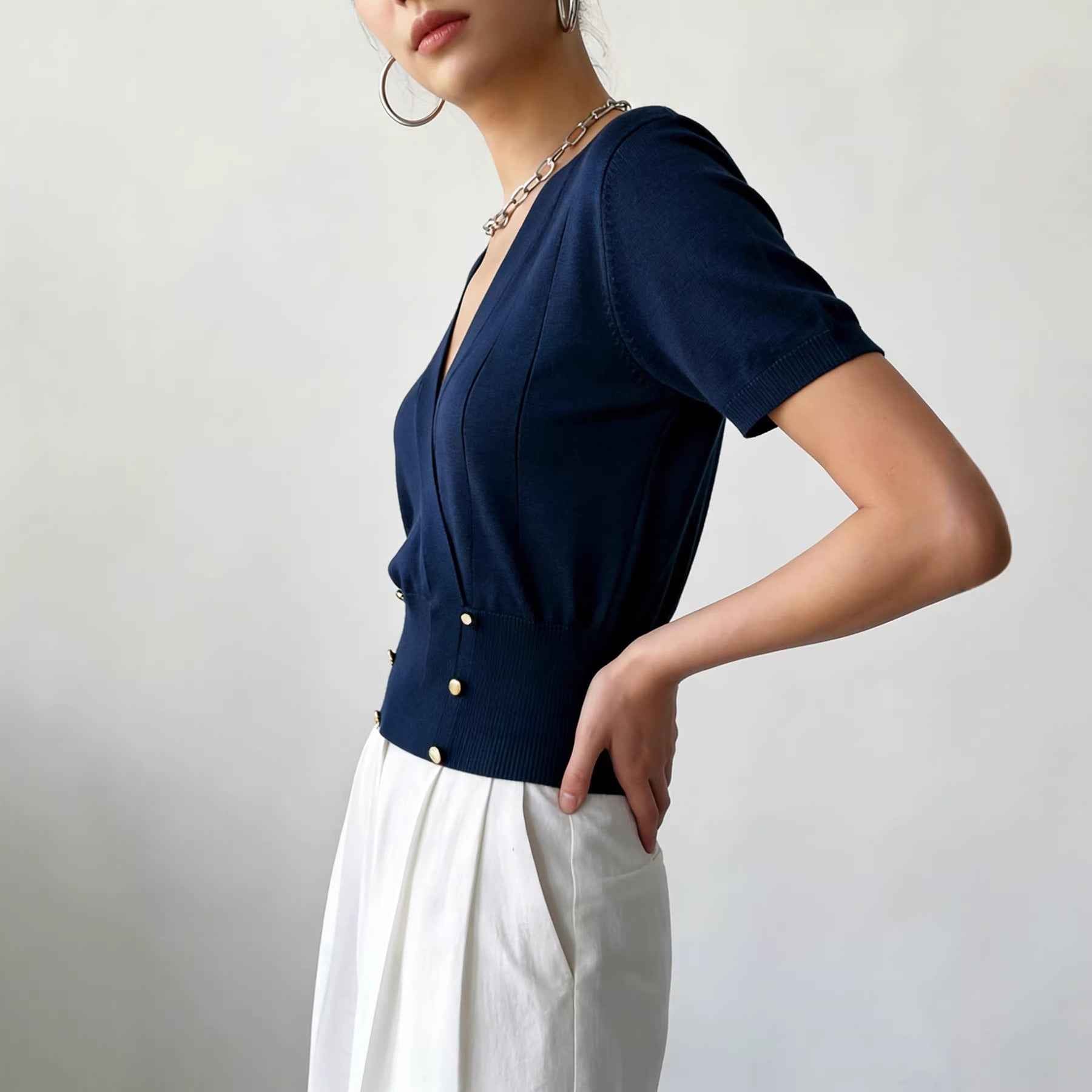 Double-Breasted Knit Pullover Top