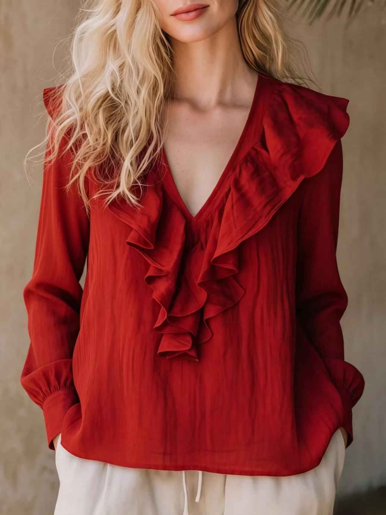 Lace-trimmed V-neck Linen French-style Long-sleeve Top