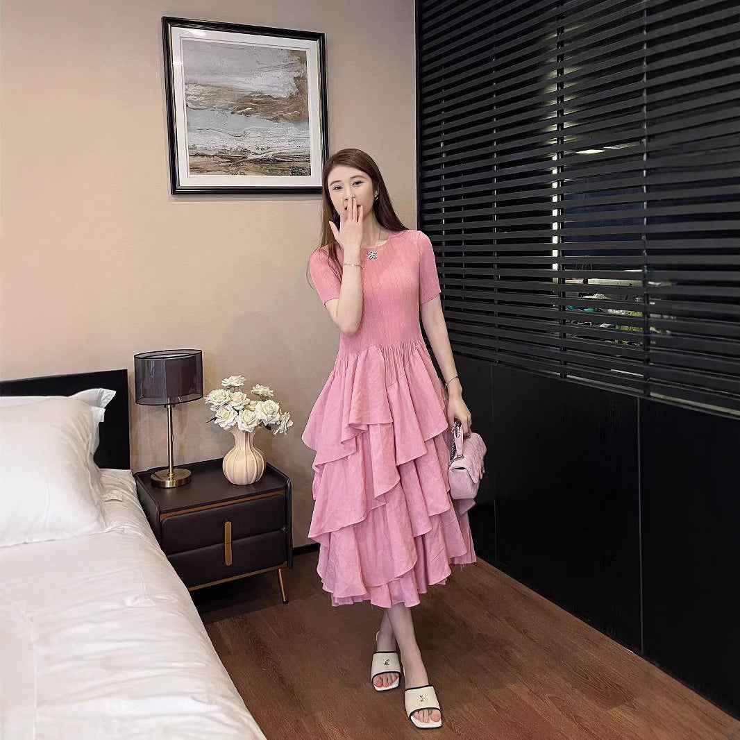 Women's High-Waist Tiered Pleated Midi Dress