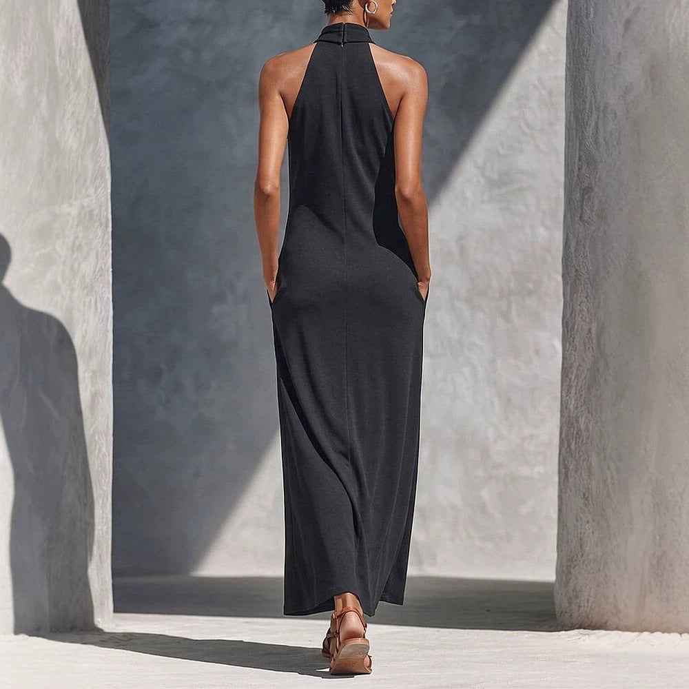 Sleeveless High-Waist Slim-Fit Halter Maxi Dress with Pockets