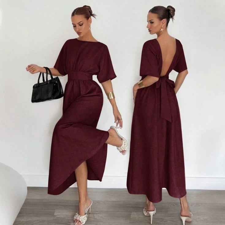 Solid Color Long Dress with V-back, Tie Waist & Flared Hem