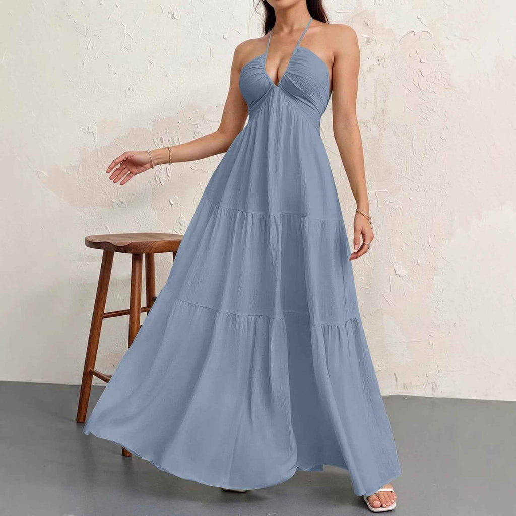 High-Waist V-Neck Patchwork Flared Hem Maxi Dress