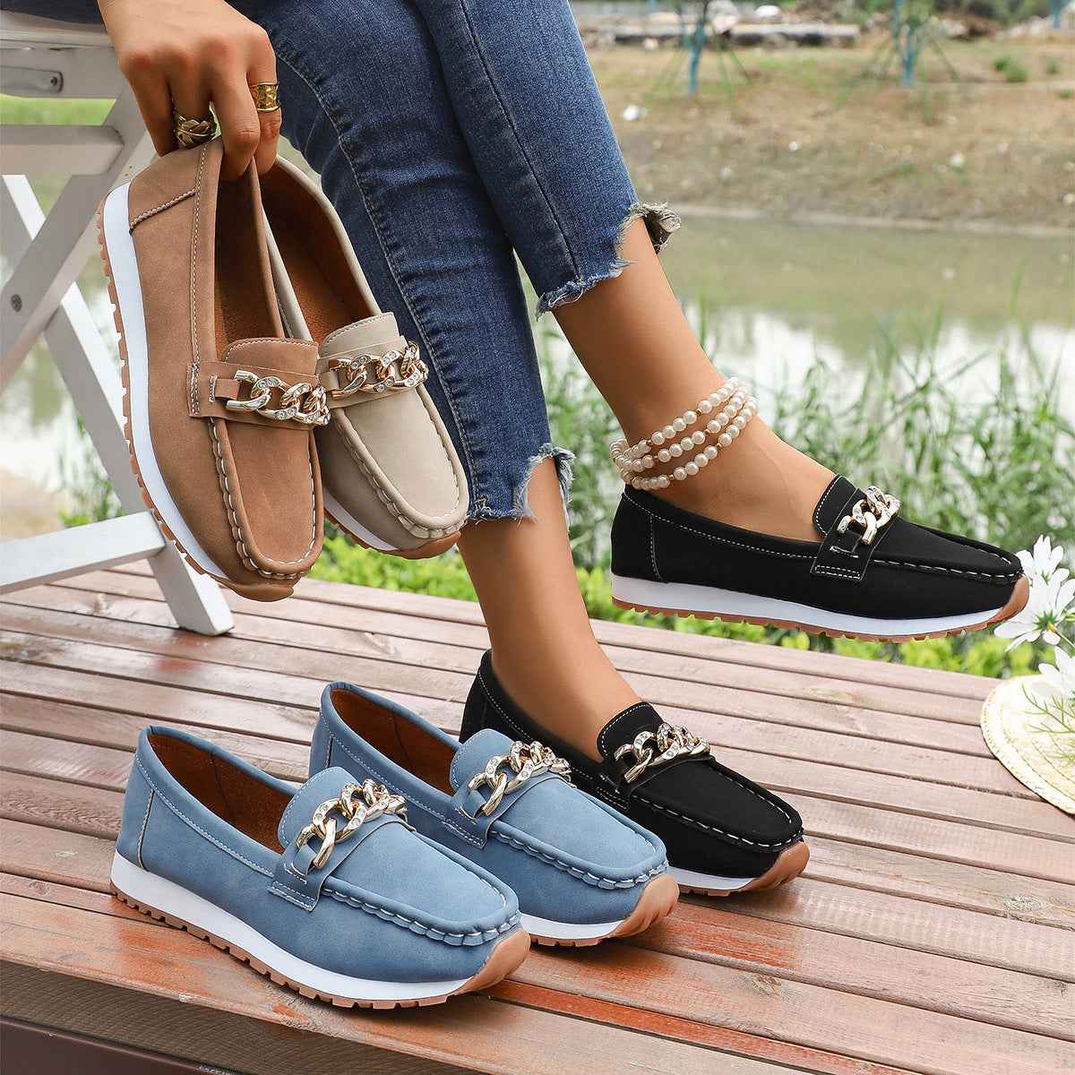 Metal-Accent Slip-On Loafers with Platform Sole
