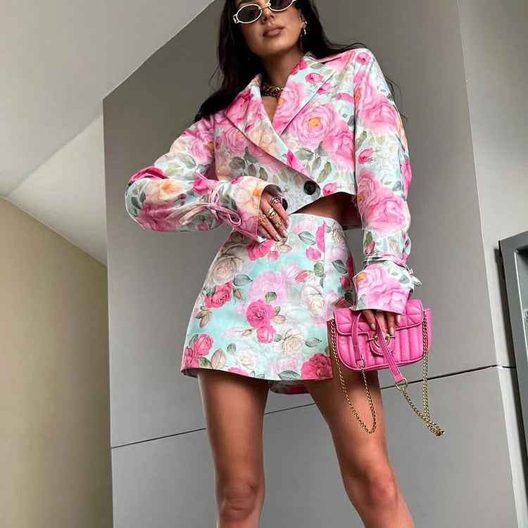 Women's Floral Print Blouse & Mini Skirt Set — Elegant Office Style, S–L