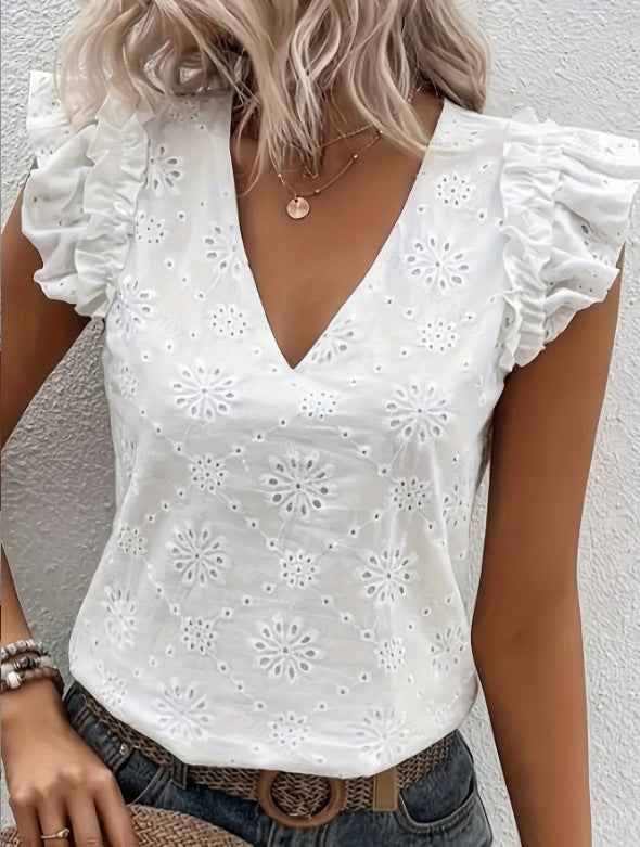 Openwork Ruffle Butterfly Sleeve Top
