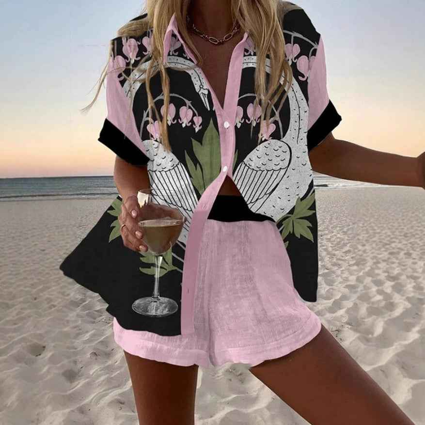 Women's Fashion Printed Casual Vacation Style Cardigan Shorts Suit