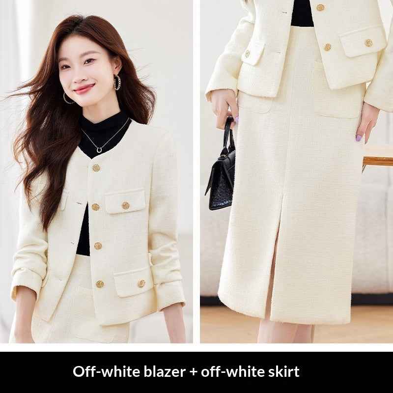 Women's Long-Sleeve Blazer & Midi Skirt Suit Set — 2 Colours