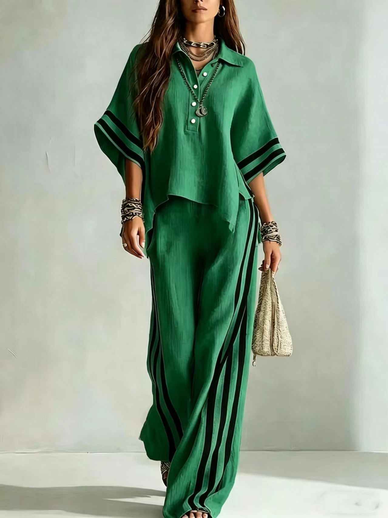 3/4-Sleeve Shirt & Wide-Leg Trousers Set — Plus Size, Commuter Style