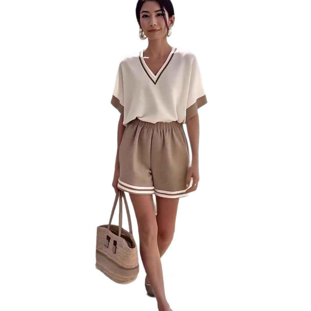 V-neck Short-sleeve Top With Straight-leg Shorts