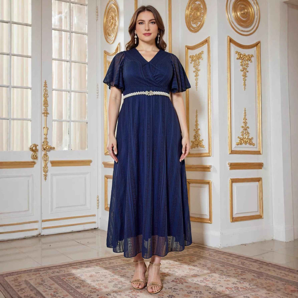 Lace Evening Gown with Belt & 3/4 Sleeves – Plus Size