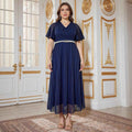 Lace Evening Gown with Belt & 3/4 Sleeves – Plus Size