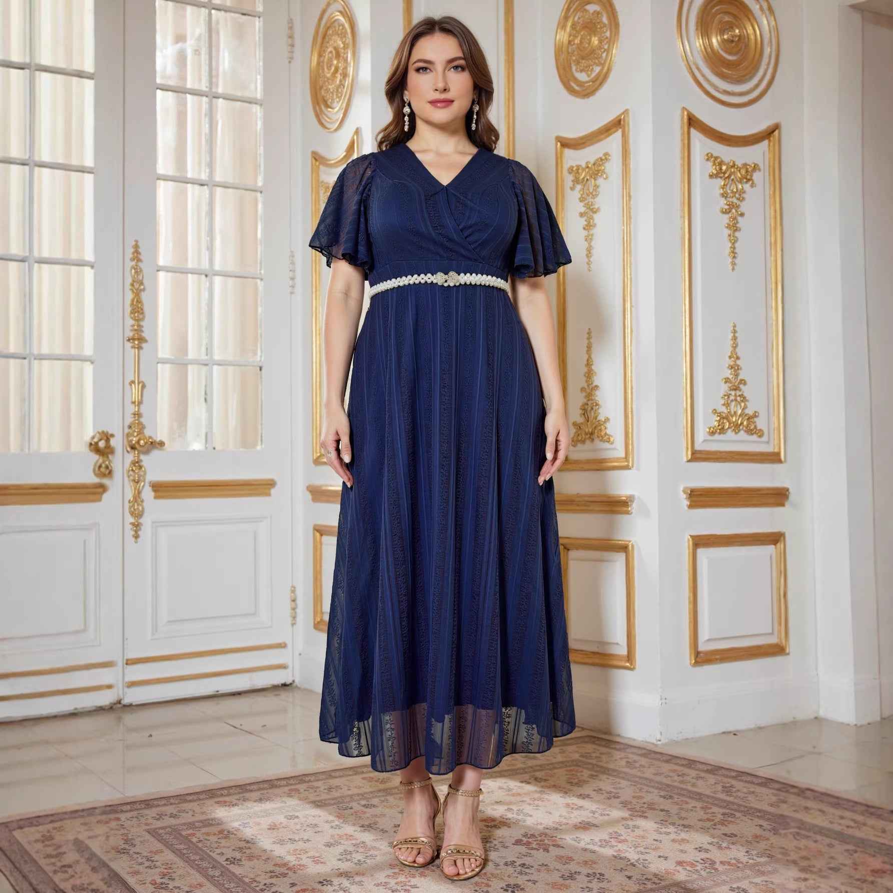 Lace Evening Gown with Belt & 3/4 Sleeves – Plus Size