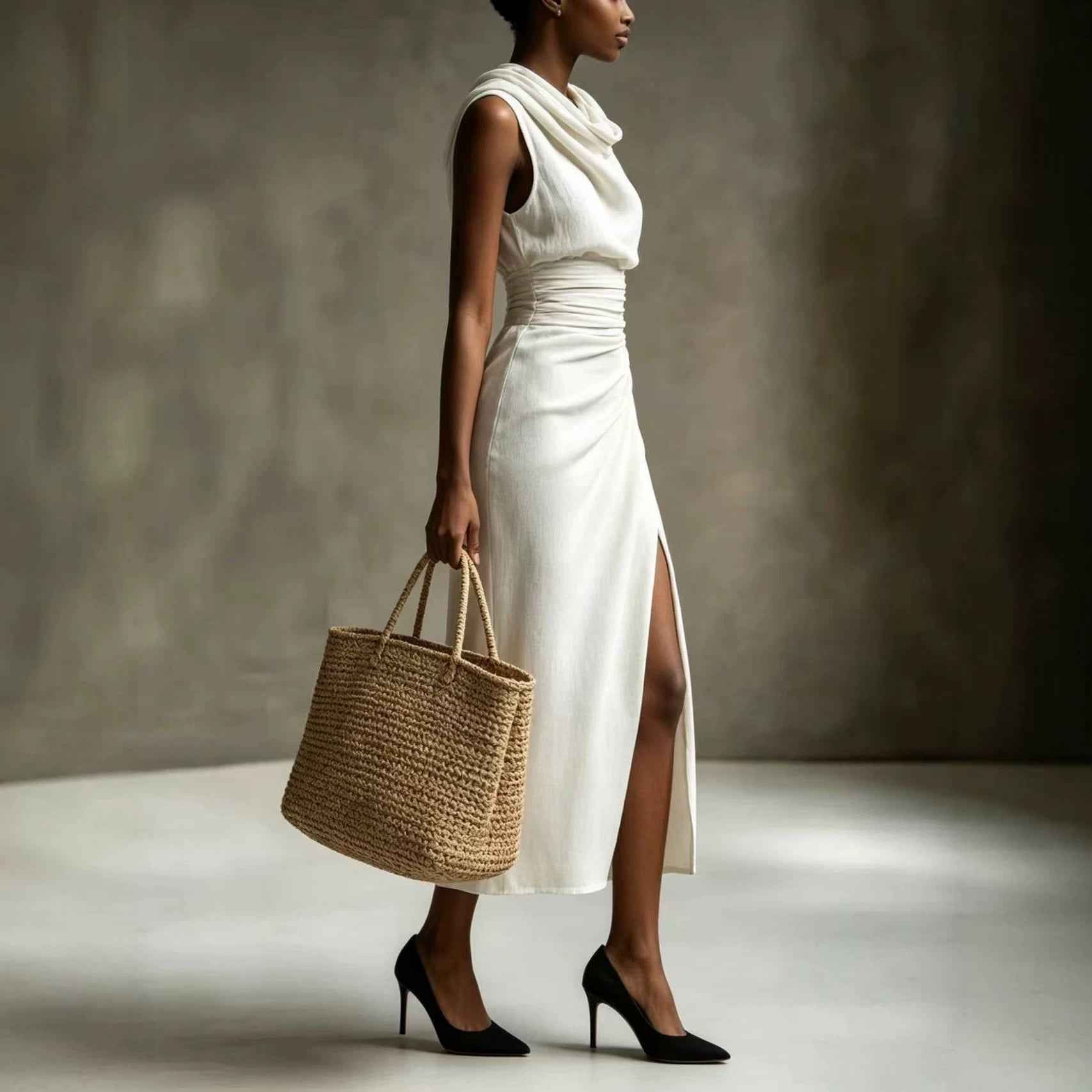 Sleeveless High-Waist Pleated Ruched Backless Slit Cotton-Linen Maxi Dress