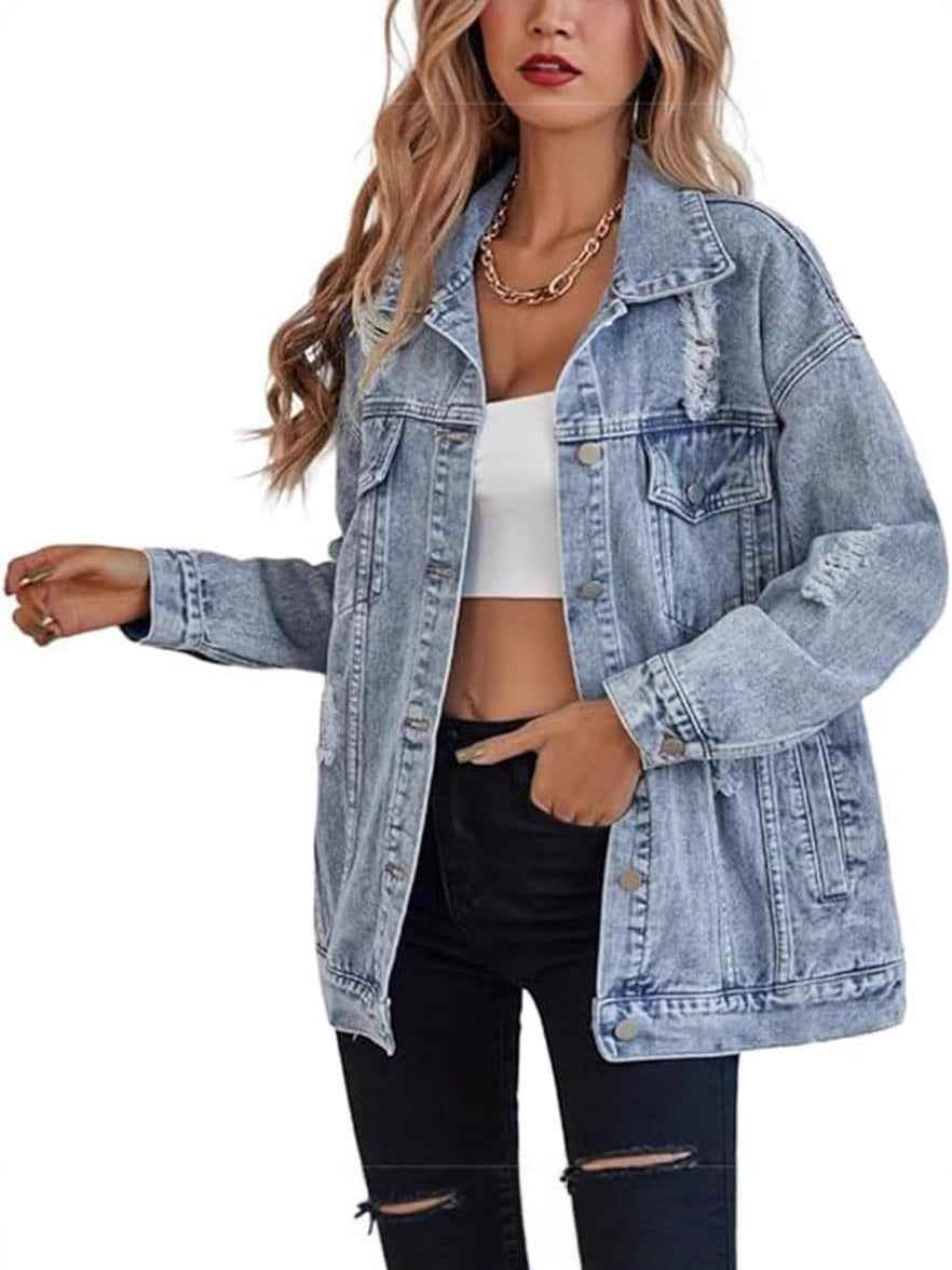 Fashionable Loose-fit Distressed Denim Jacket