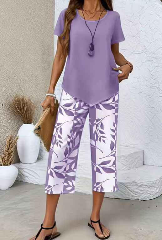 Women's Geometric Print Short Sleeve Top & Wide-Leg Trousers Set
