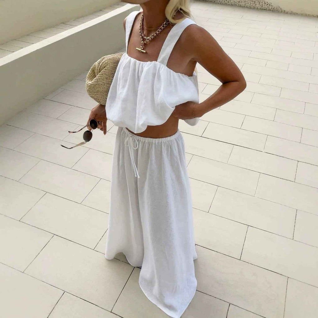 Women's White Cotton-Linen Vest & Flared Midi Skirt Two-Piece Set