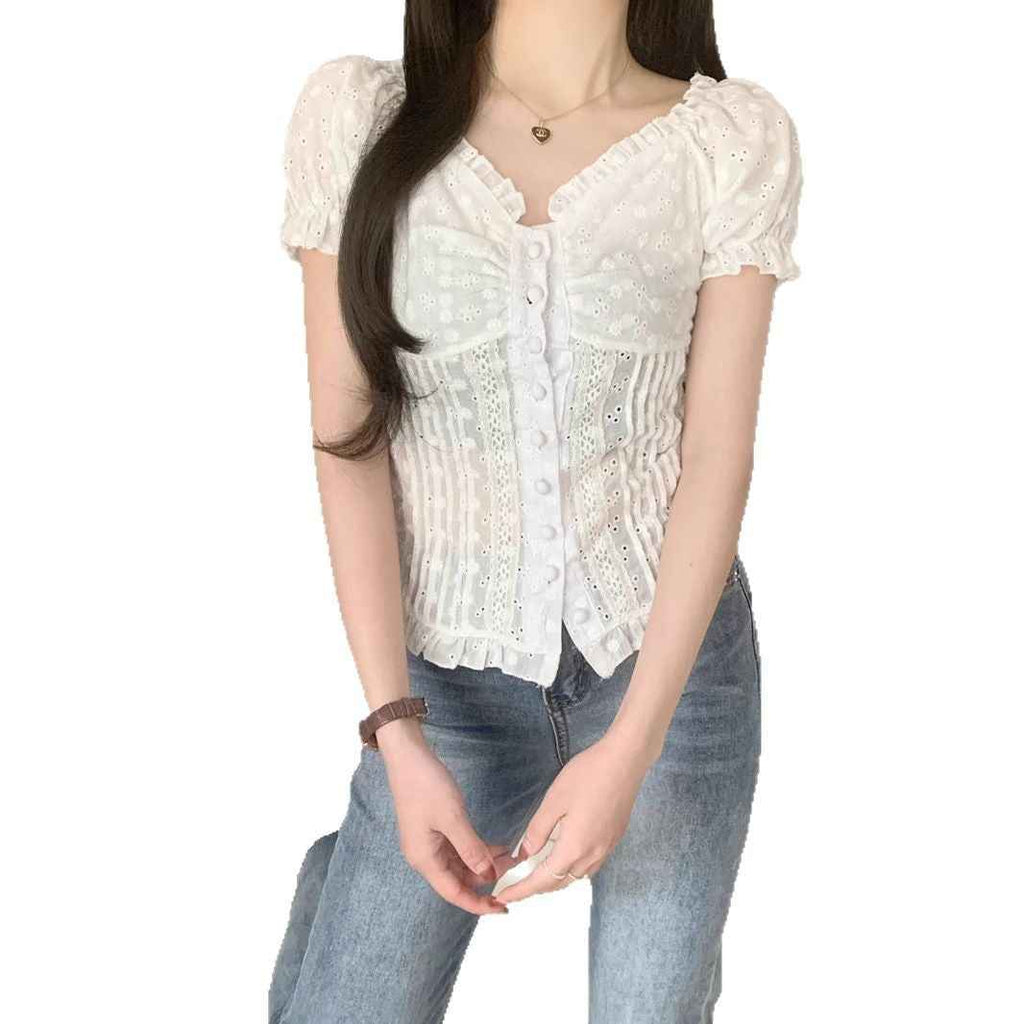 Women's Lace Appliqué Puff-Sleeve Slim Blouse — White, S–XL