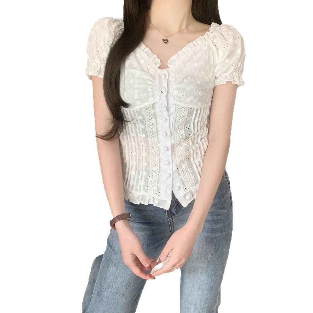 Women's Lace Appliqué Puff-Sleeve Slim Blouse — White, S–XL