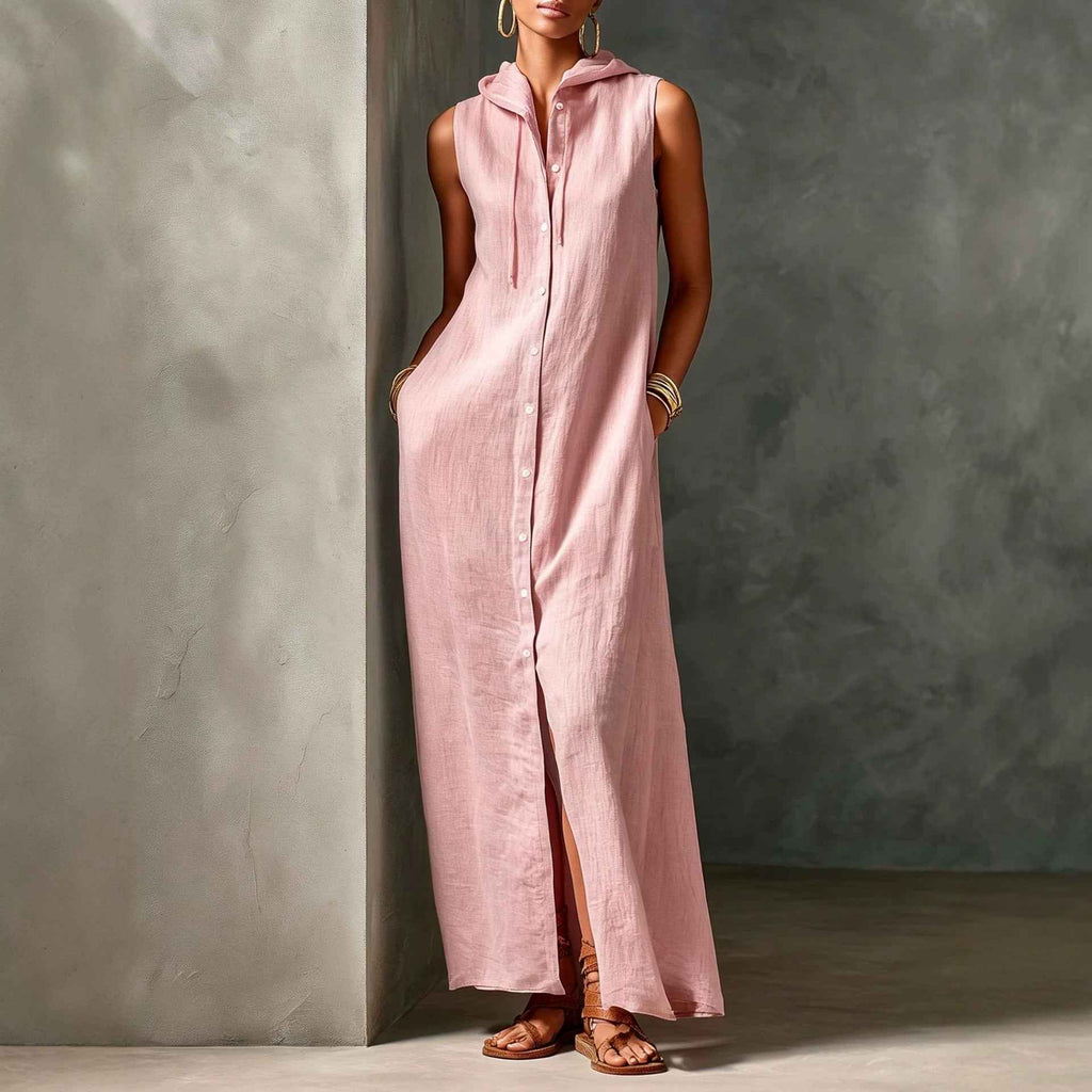 Womens Minimalist Linen-blend Hooded Sleeveless Single-breasted Maxi Dress
