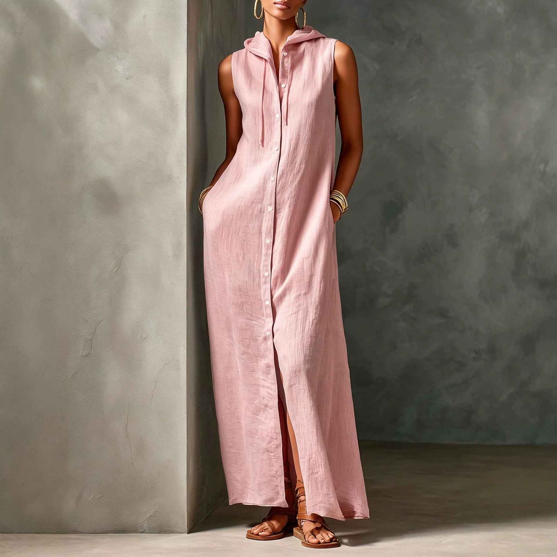 Womens Minimalist Linen-blend Hooded Sleeveless Single-breasted Maxi Dress