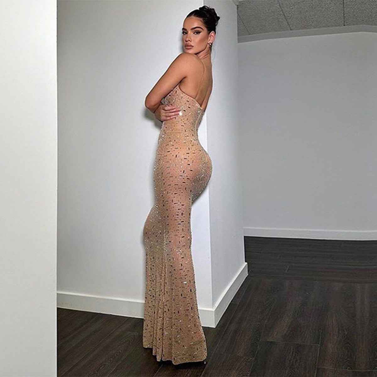 Strapless Sequin Mesh Slim-Fit Mermaid Maxi Dress