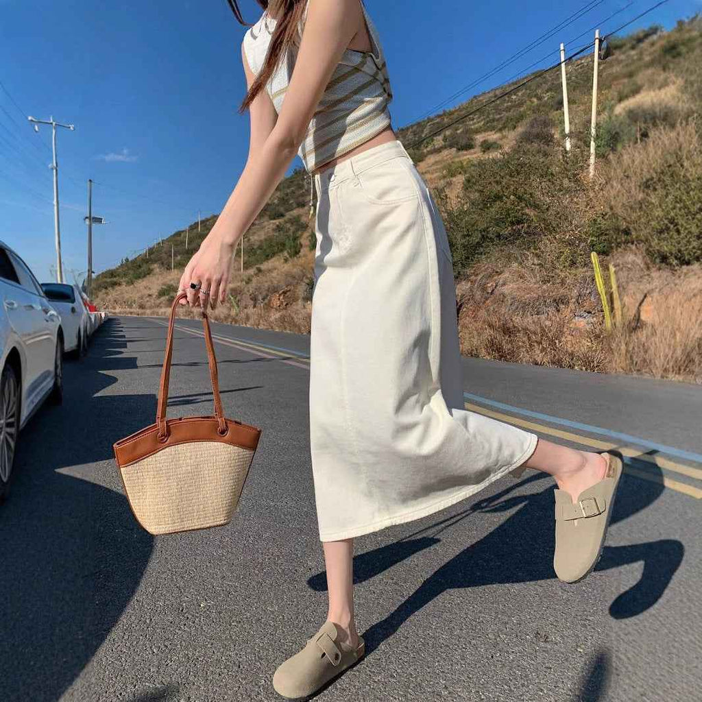 Beige Denim A-Line Midi Skirt