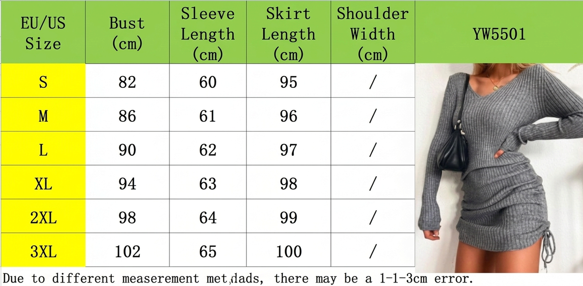 Women's V-Neck Ribbed-Look Drawstring Dress - S to 3XL bust sleeve and length chart