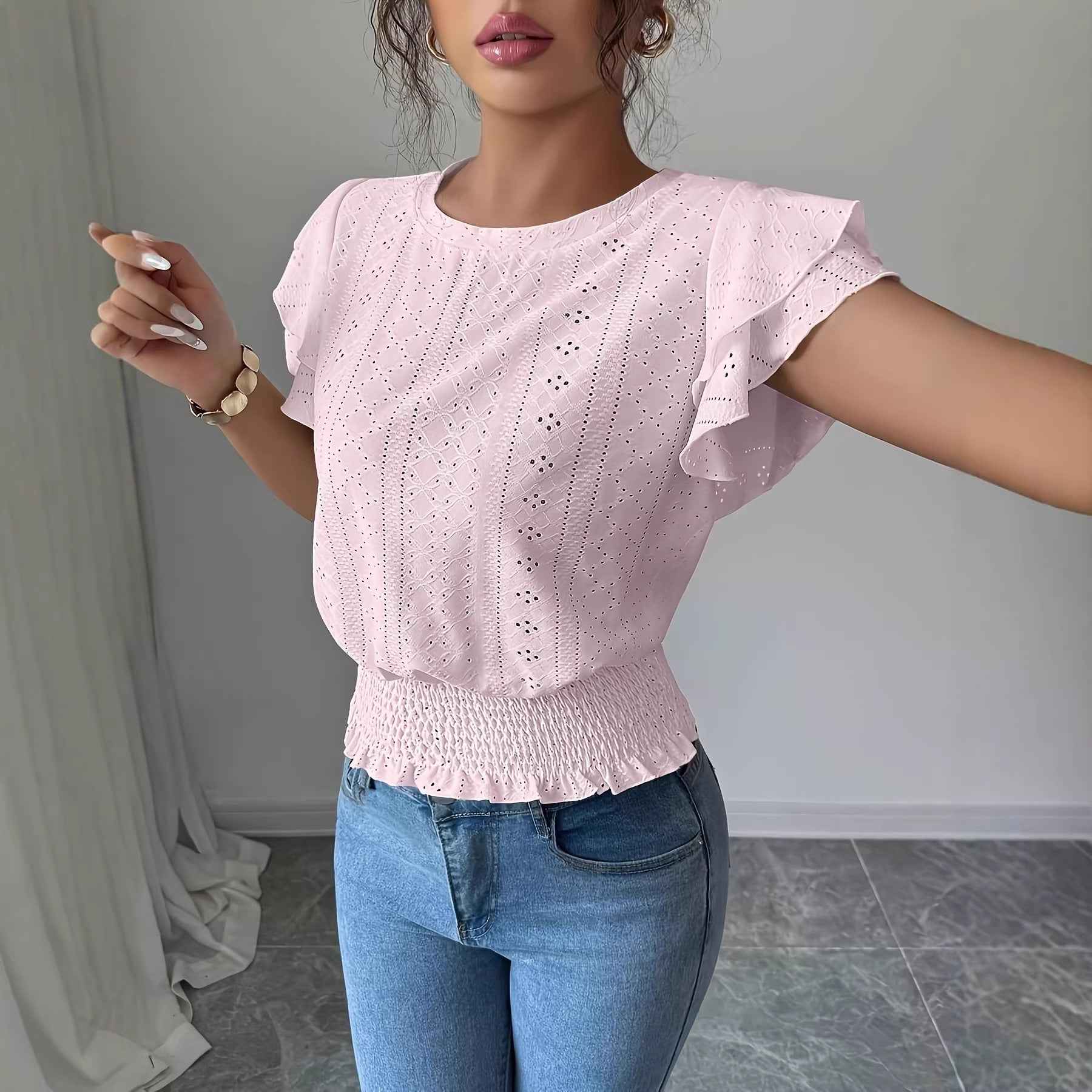 Womens Solid-Color Casual Round-Neck Top