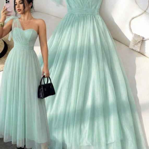 Womens Sleeveless Sheath Dress With Mesh One-Shoulder Design And Lace-Up Waist