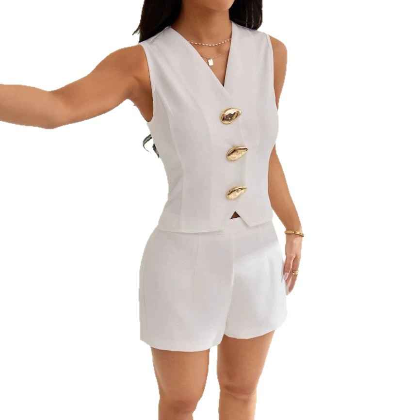 Sleeveless Tank Top & Shorts Two-Piece Set – Elegant Summer Workwear