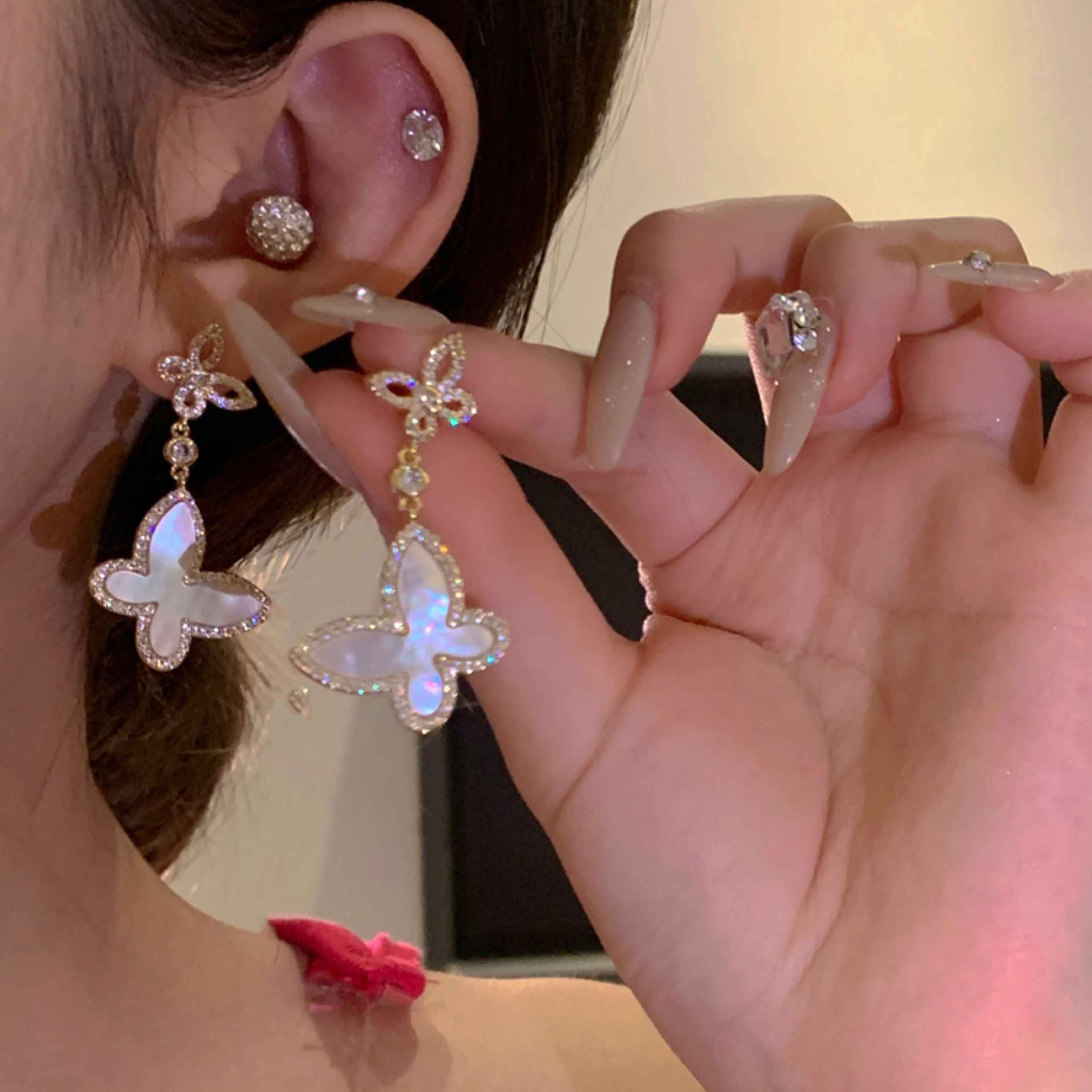 Delicate White Shell Butterfly Studs, Elegant Light Luxury Daily Wear Ear Ornaments