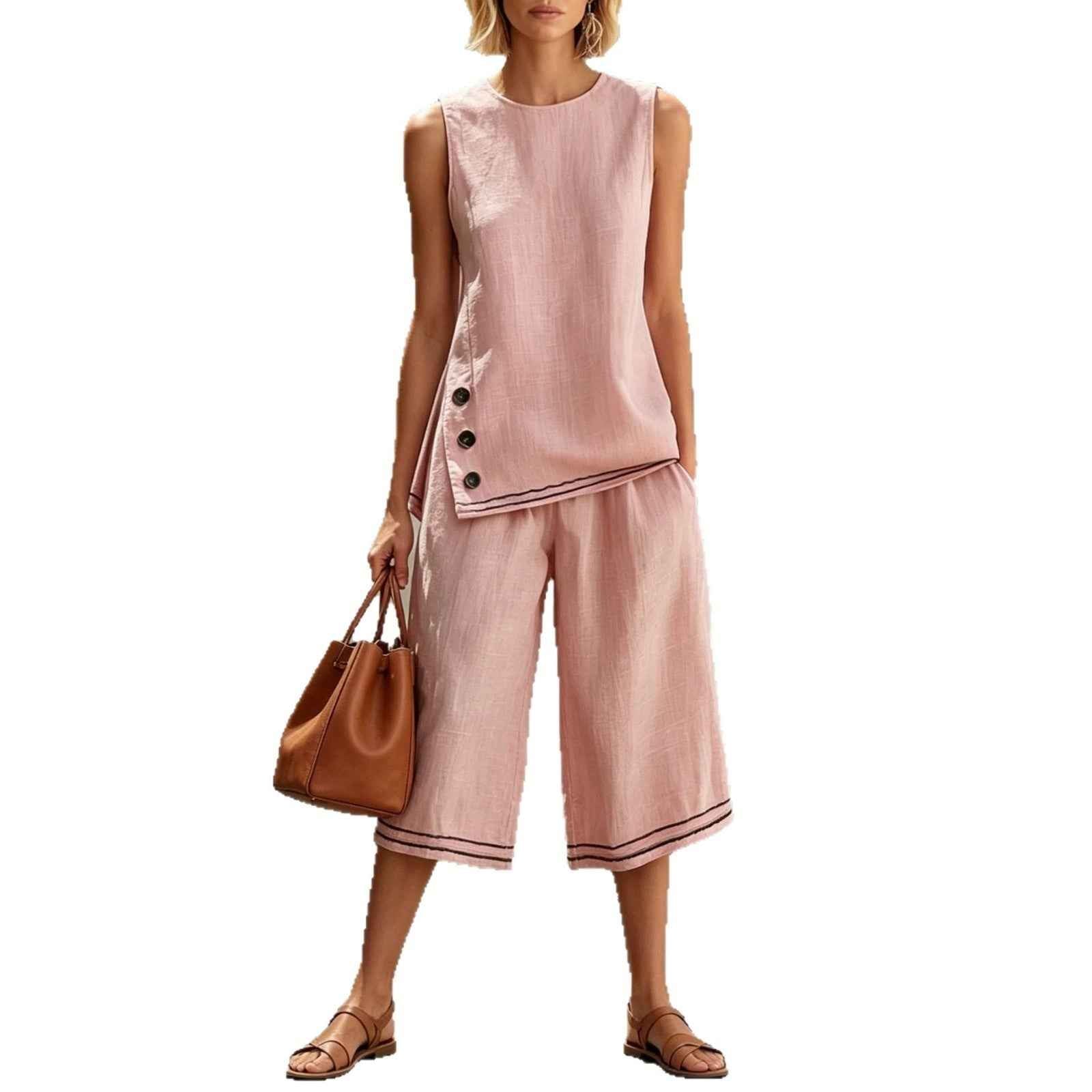 Colour-Block Sleeveless Side-Split Tank Top & Wide-Leg Cropped Pants Two-Piece Set