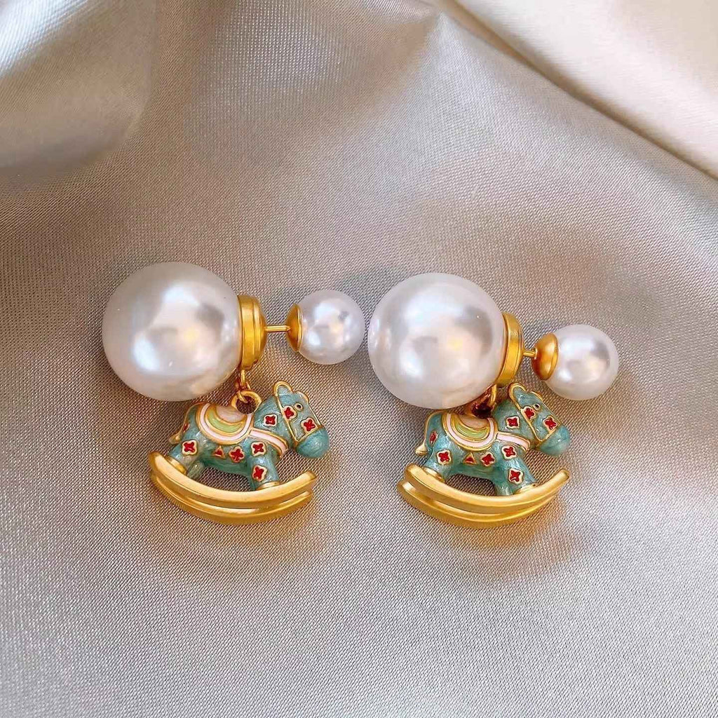 Year Of The Horse Pearl & Enamel Horse Earrings, Light Luxury Niche Autumn Winter Jewelry