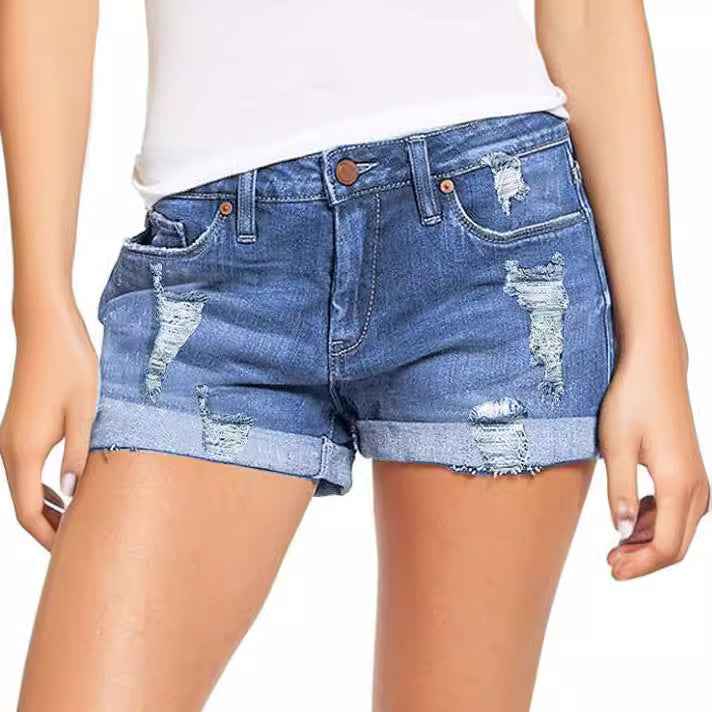 Stretchy Ripped Denim Shorts – Mid-Rise Straight Leg
