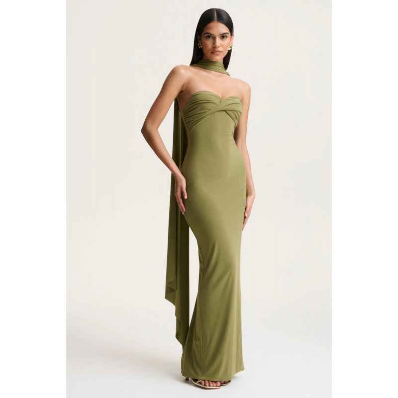 Halter-neck Pleated Knit Wrap Dress Featuring A Twist Detail And A Figure-hugging Fit That Exudes
