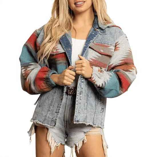 Women's Hooded Denim Patchwork Coat – Contrast Colour | Black & Blue