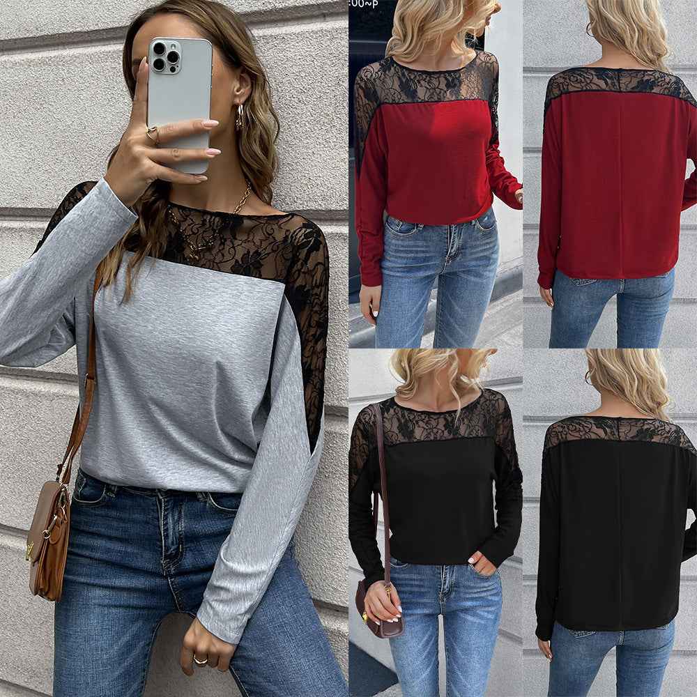 Hollow-out Crew-neck Long-sleeve T-shirt For Women