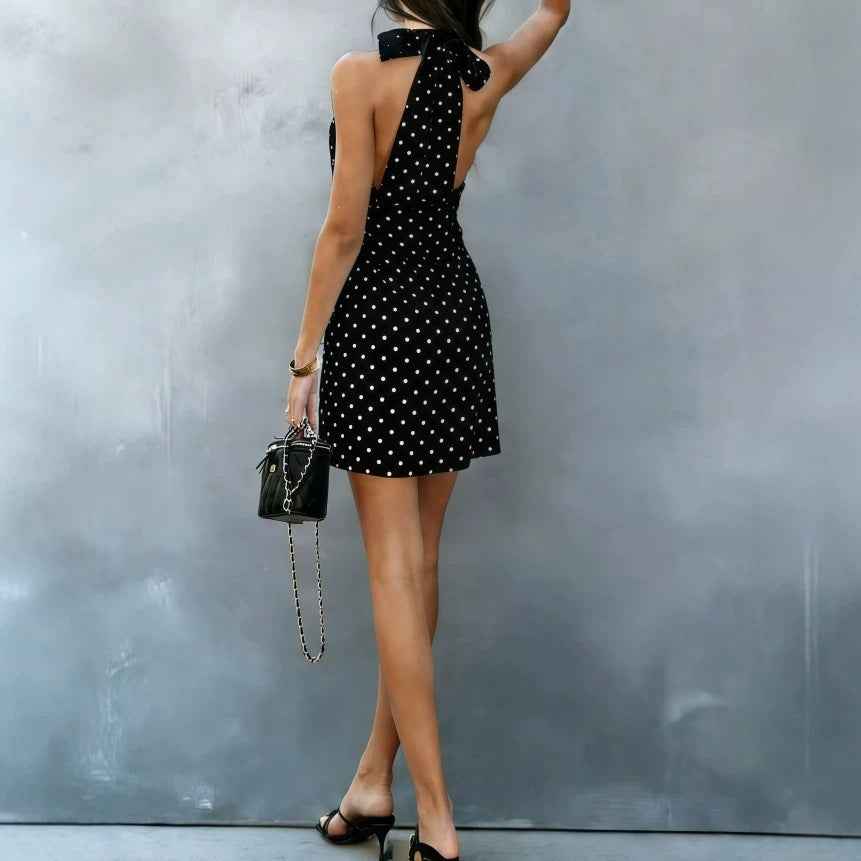 European And American-style Sexy Halter-neck Tube Top Deep-V-neck Polka-dot Dress