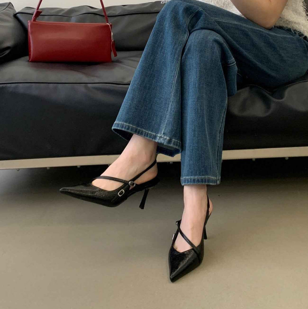 Pointed Toe Backless Mules — Microfibre, Black & White, EU 35–42