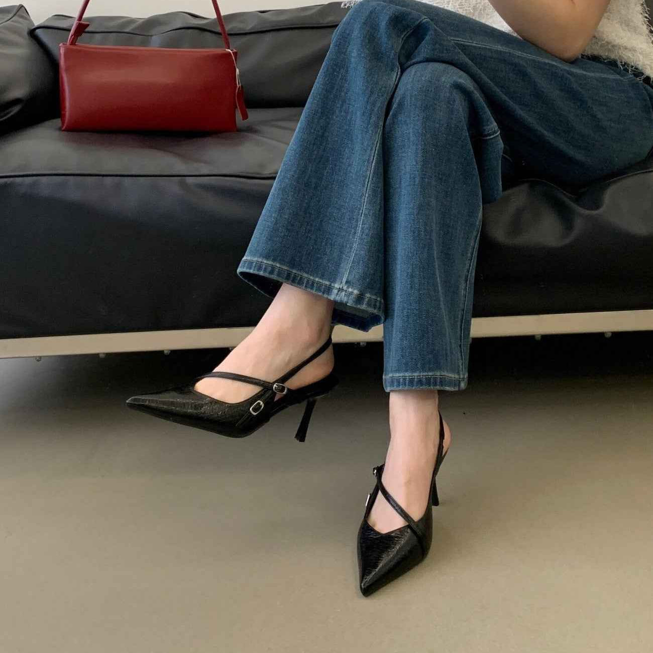 Pointed Toe Backless Mules — Microfibre, Black & White, EU 35–42