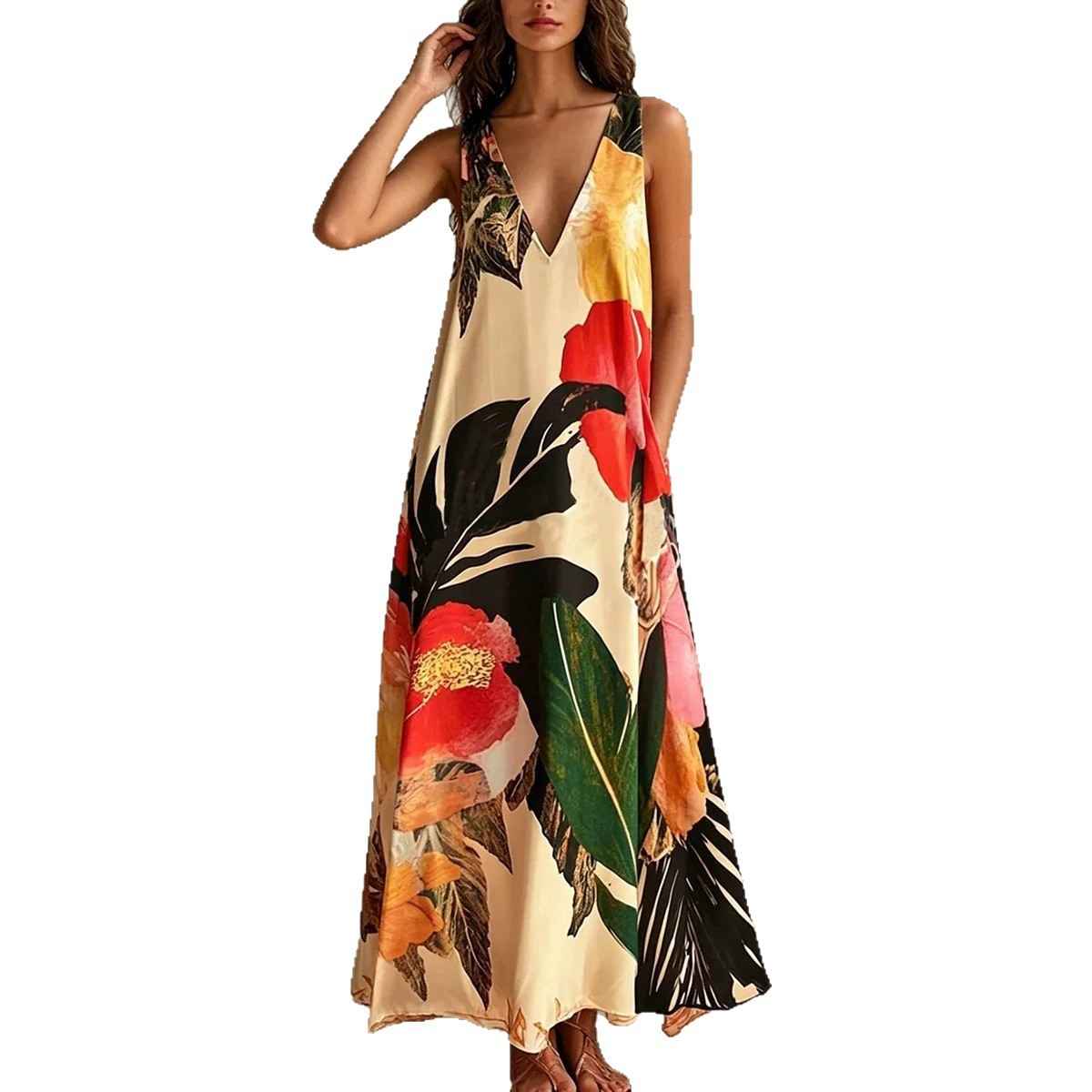 V-Neck Printed Sleeveless Vest Dress — Loose Fit Mid-Rise